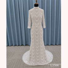 Customized simple style satin embroidery long train white mermaid style wedding dress gown bridal